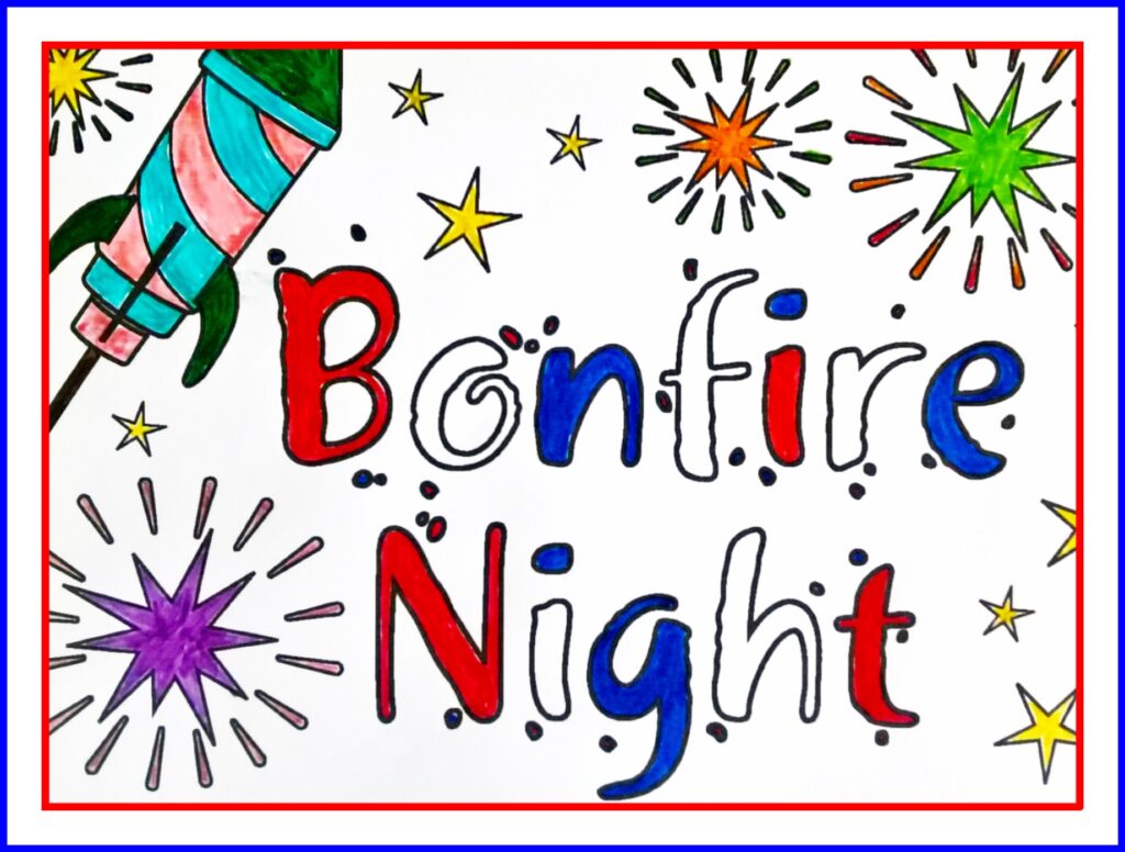 BONFIRE NIGHT FIREWORKS COLOURING PAGE