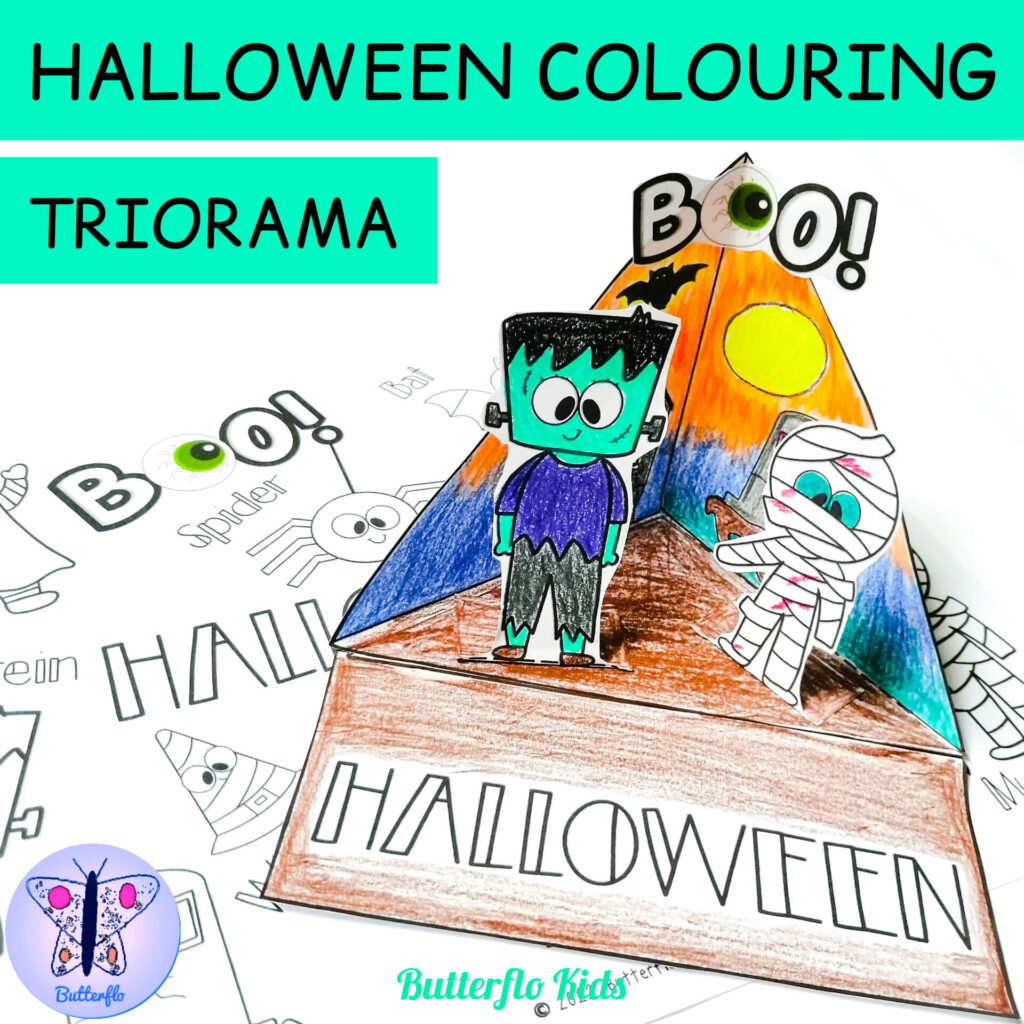 halloween colouring page and triorama