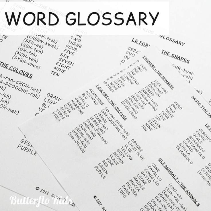 basic Italian for kids word glossary