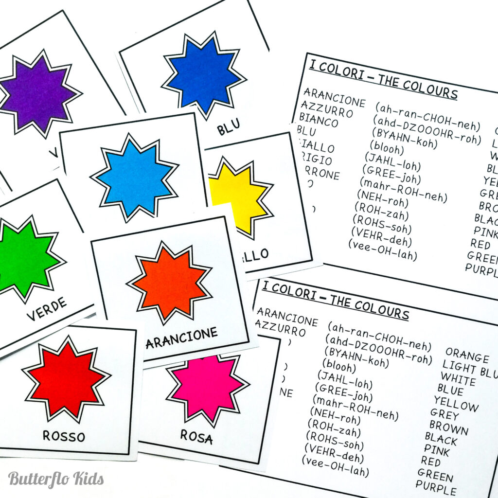 Italian flashcards the colours with phonetic pronunciation
