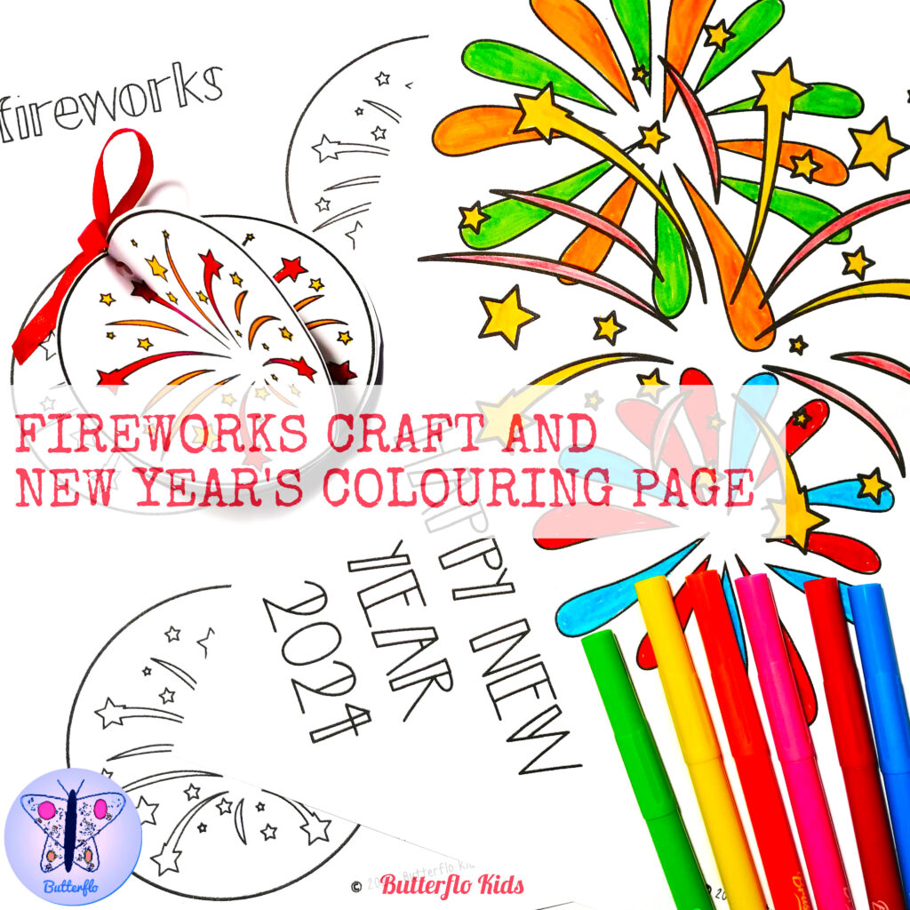 fireworks and 2024 new year's colouring page