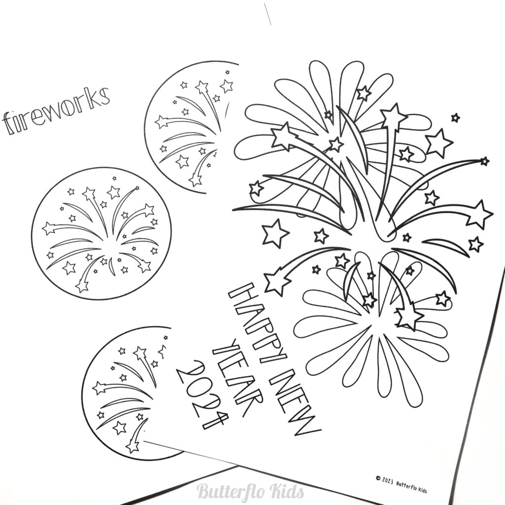 fireworks craft and new year's colouring page 2024