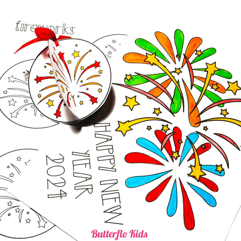 new year colouring page and fireworks craft