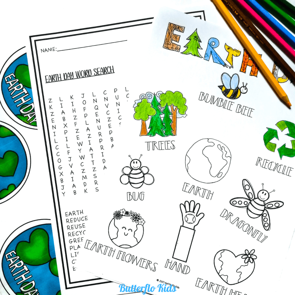 earth day mini globe craft word search colouring page