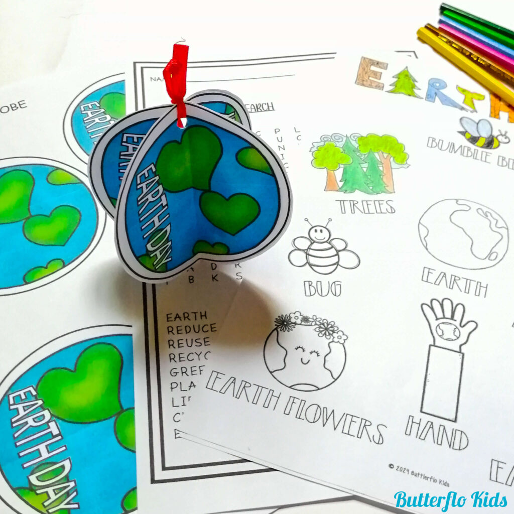 earth day mini globe craft word search colouring page