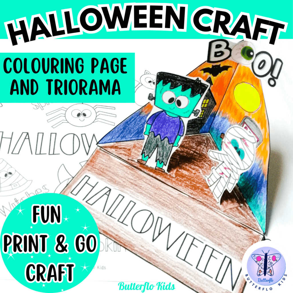 halloween colouring page and triorama craft