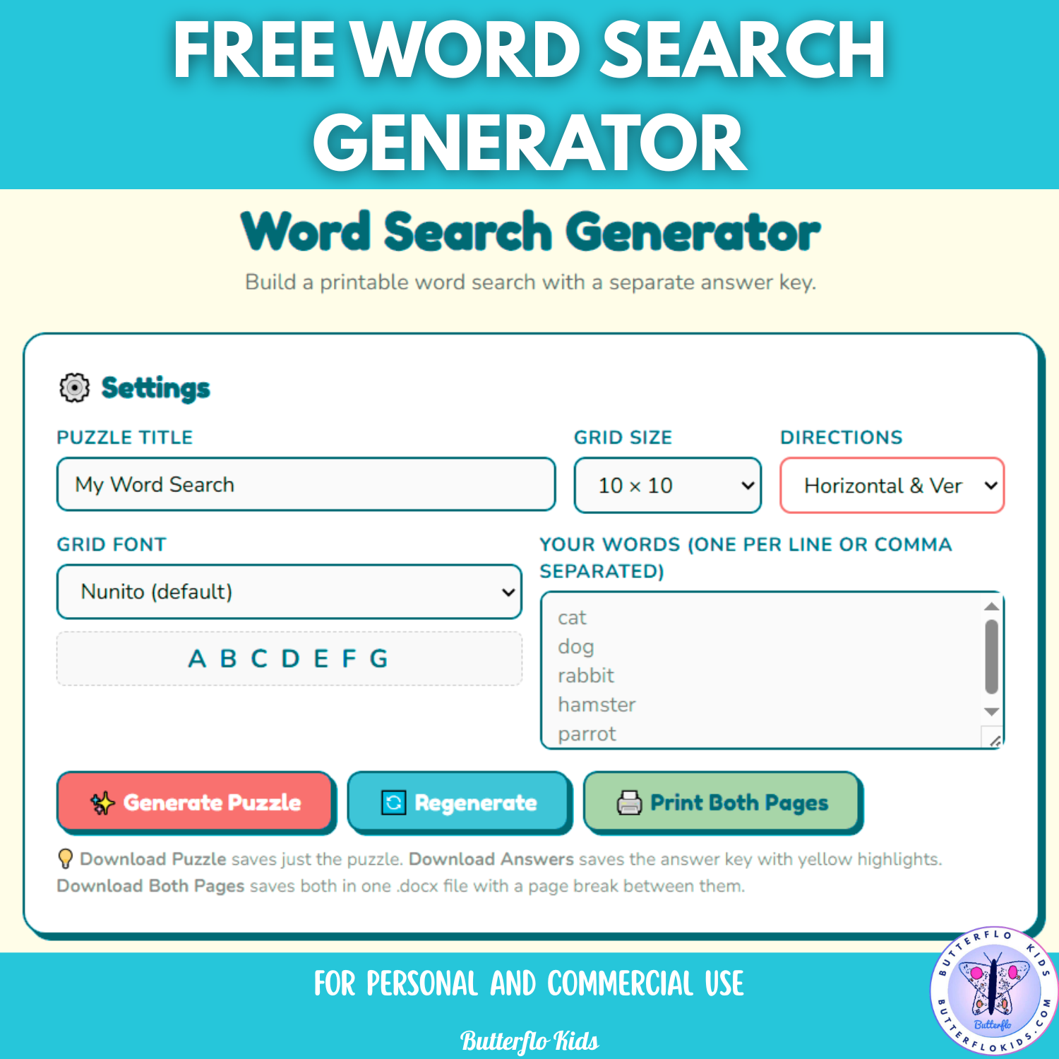 FREE Word Search Puzzle Generator - Butterflo Kids